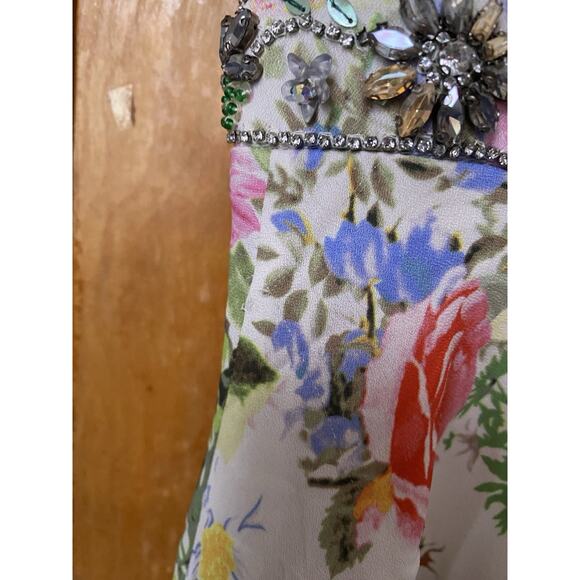 MAC DUGGAL Floral Print Maxi Dress Gown 9079 Beaded Waist Flutter Sleeve Sz 4 - Picture 8 of 10